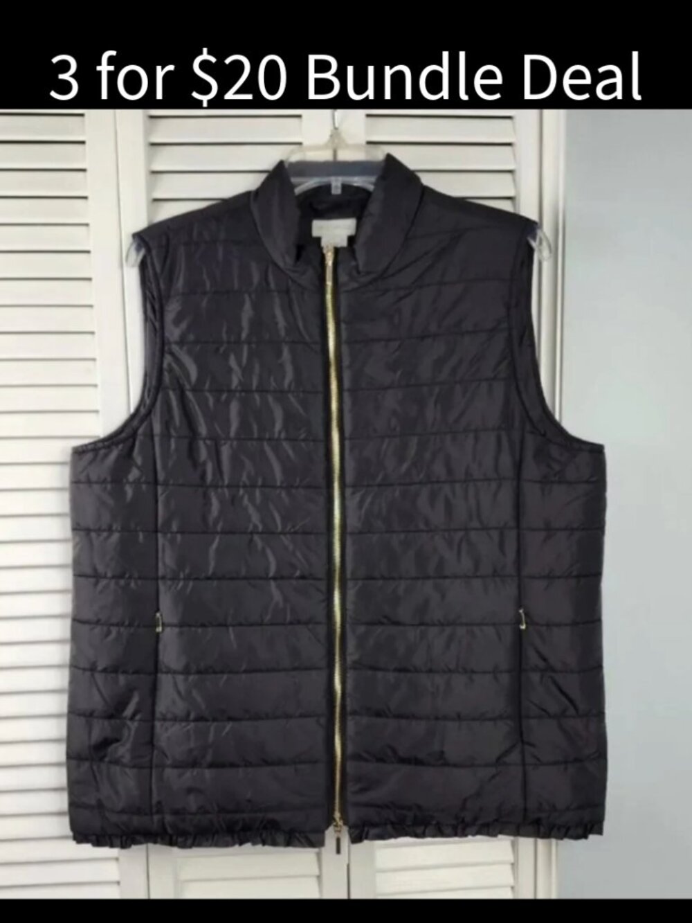 Black Quilted Vest Women's size Large Ruffle Hem Packable - Picture 11 of 11